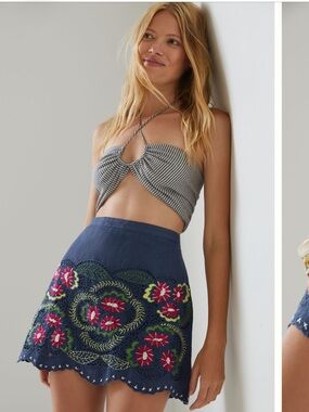 By Anthropologie Embroidered  Low-Rise Mini Skirt
